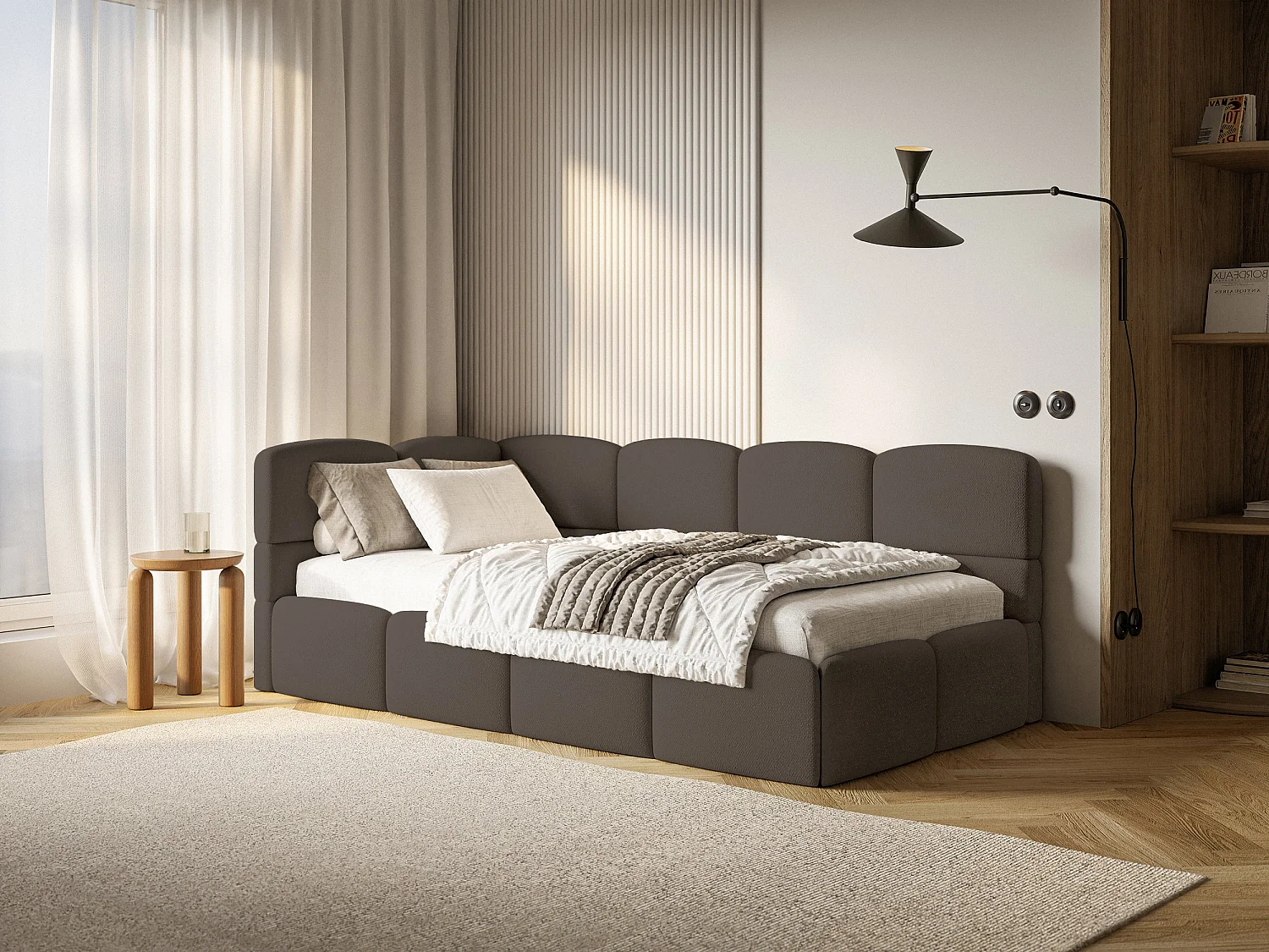 Jugendbett 120x200 Kopfteil links – Matratze & Stauraum – Chenille Braun – CLOUDY