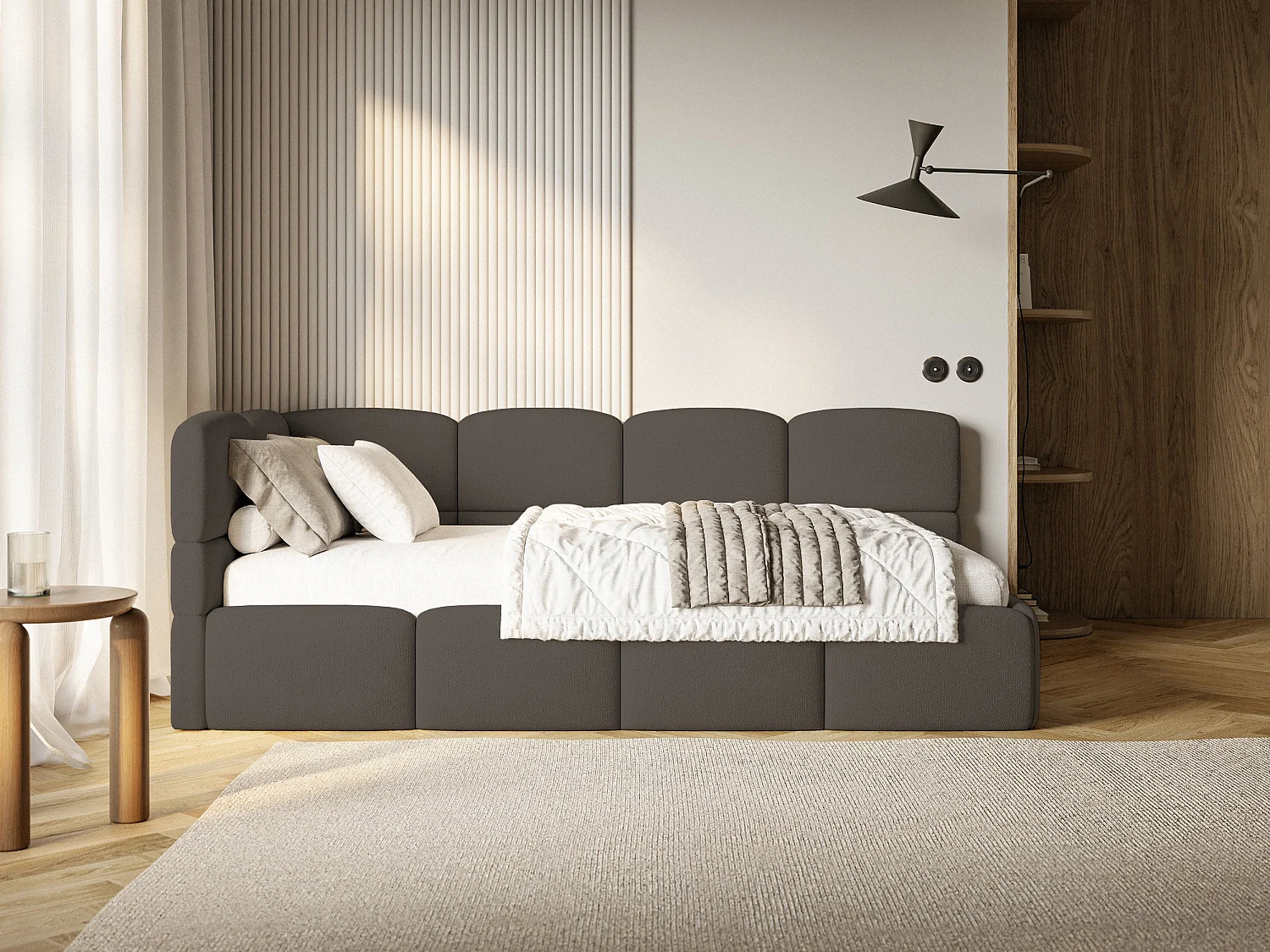 Jugendbett 120x200 Kopfteil links – Matratze & Stauraum – Chenille Braun – CLOUDY