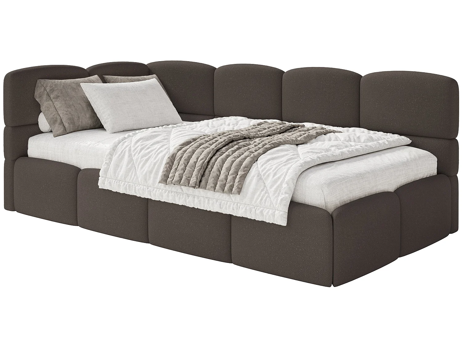 Jugendbett 120x200 Kopfteil links – Matratze & Stauraum – Chenille Braun – CLOUDY
