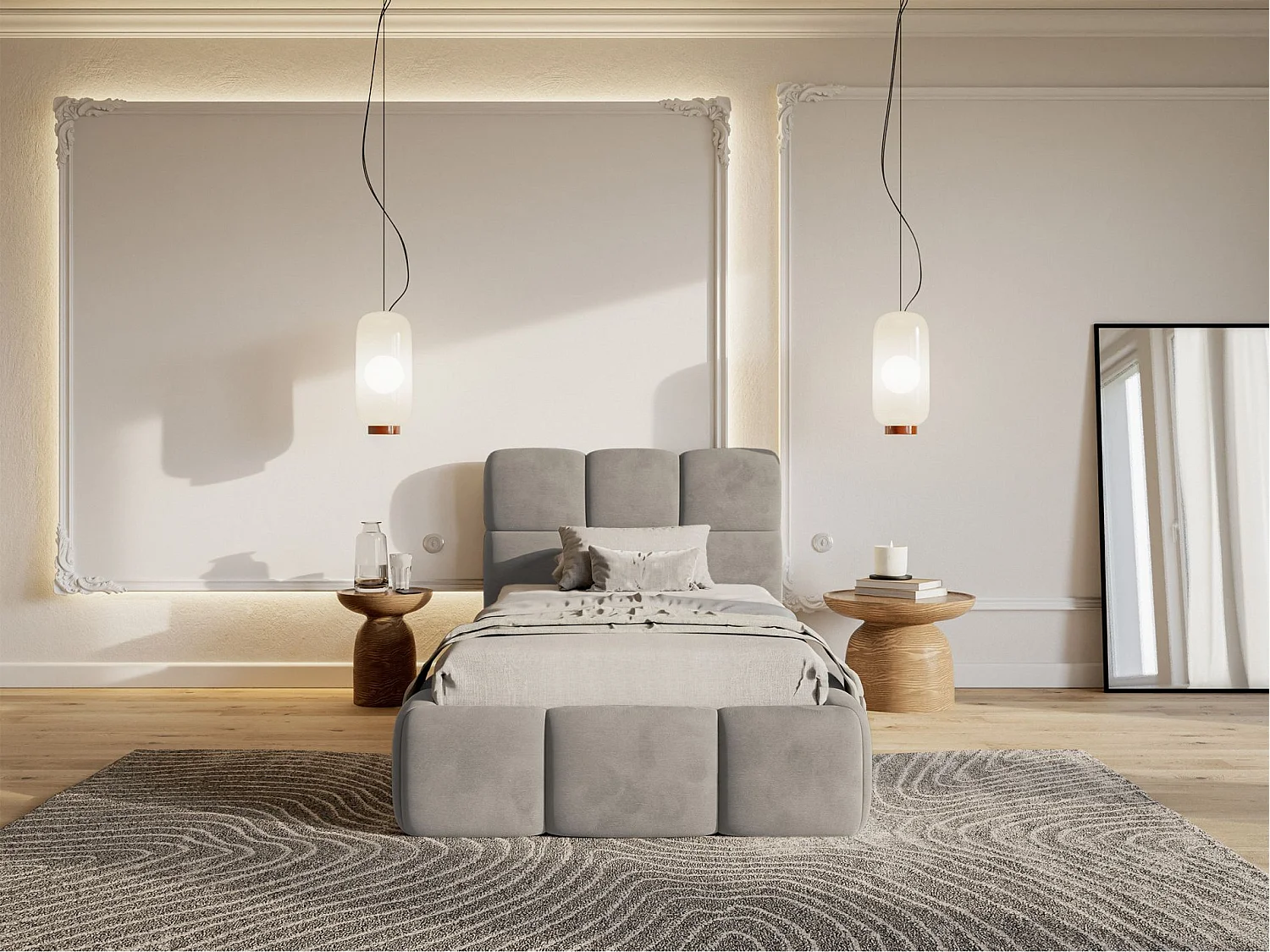 Lit rembourré 90x200 – Velours Gris clair – CLOUDY