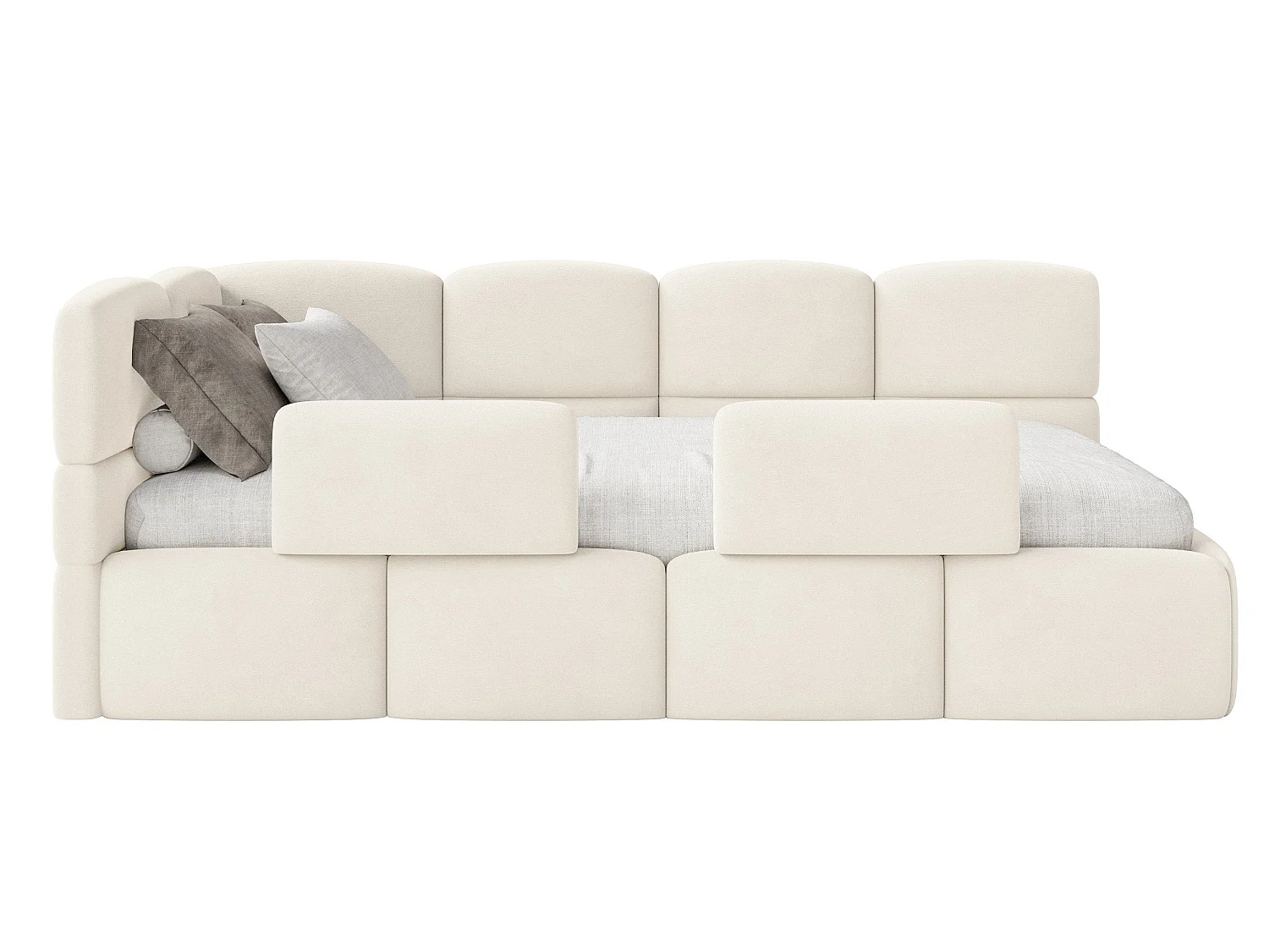 Lit enfant 120x200 cm – tête de lit à gauche – 2 barrières – velours crème – CLOUDY