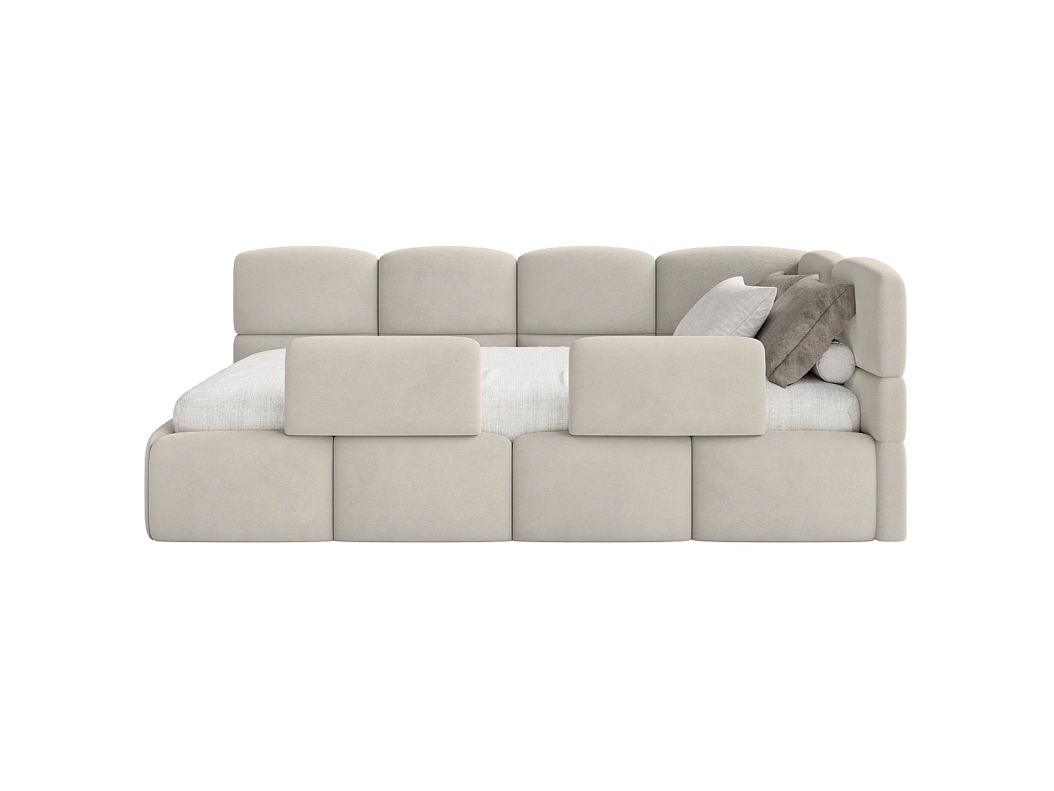 Lit enfant 90x200 – barrière – tête de lit à droite – velours Beige – CLOUDY clair – CLOUDY