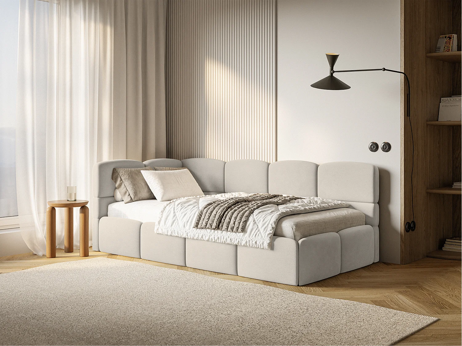Lit ado 120x200 cm – tête de lit à gauche – velours beige clair – CLOUDY