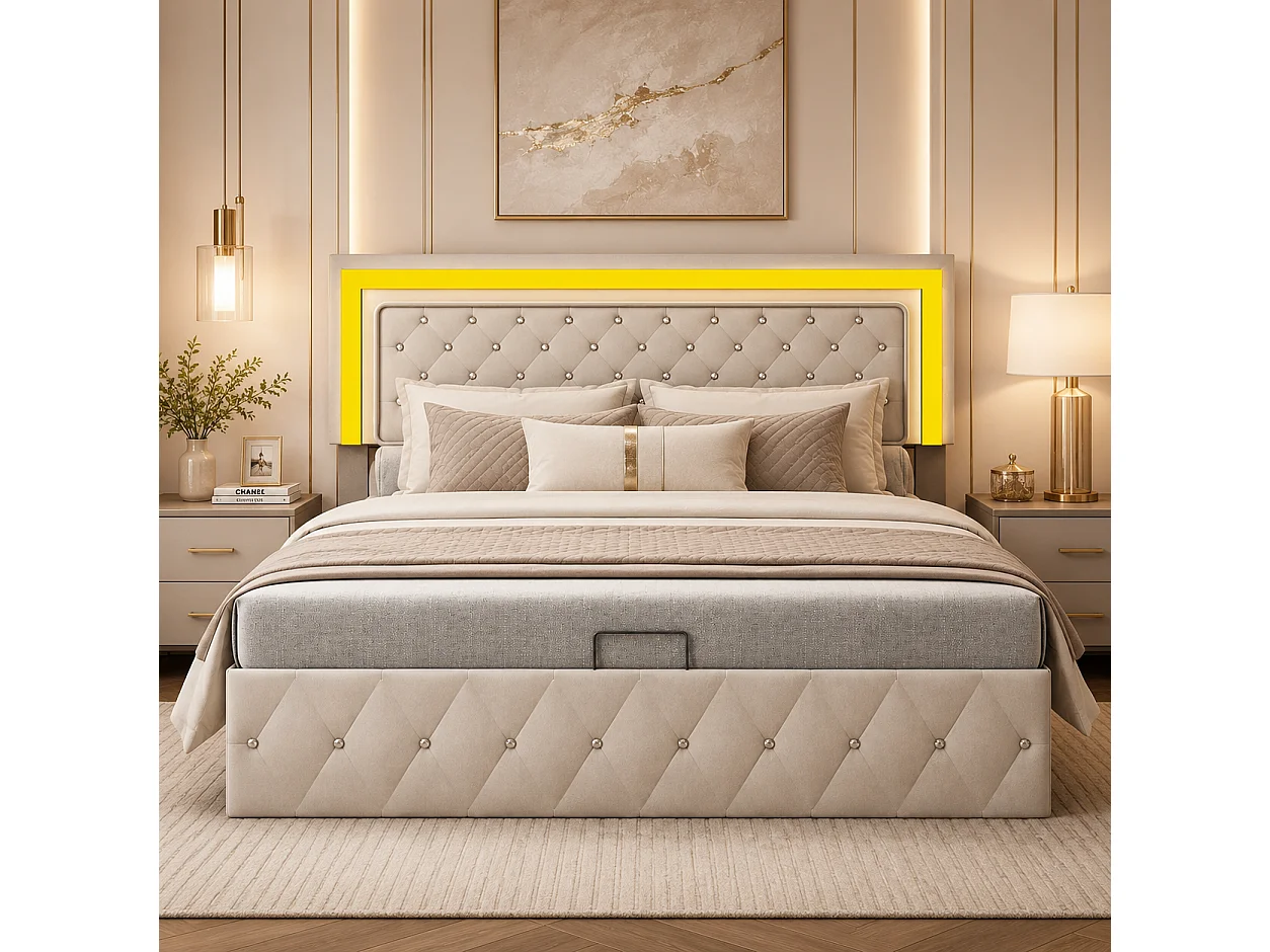 Lit Coffre 140x200 cm Tête de Lits Réglable, Lit Double Rembourré avec Rangement Hydraulique, Lits adulte pour Adultes, Adolescents, Velours, Beige