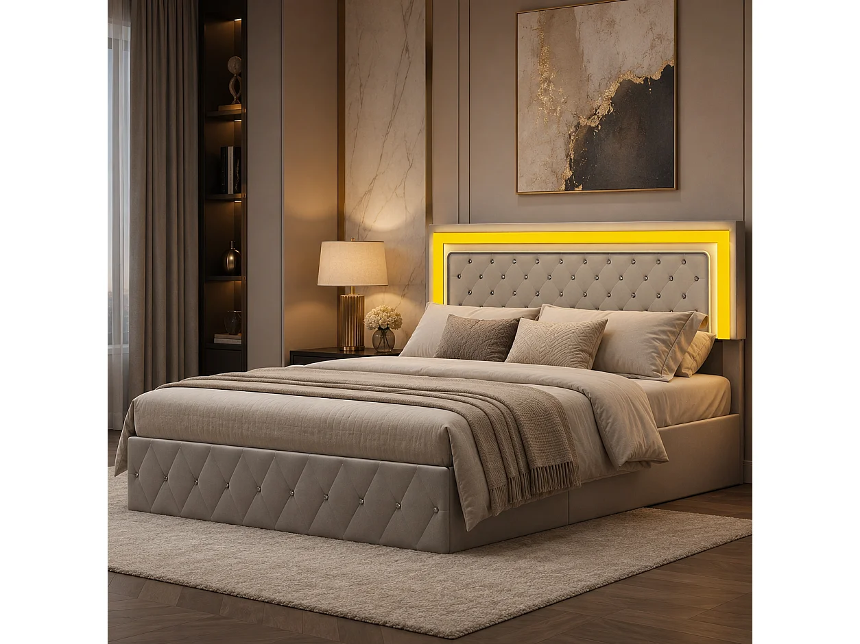 Lit Coffre 140x200 cm Tête de Lits Réglable, Lit Double Rembourré avec Rangement Hydraulique, Lits adulte pour Adultes, Adolescents, Velours, Beige