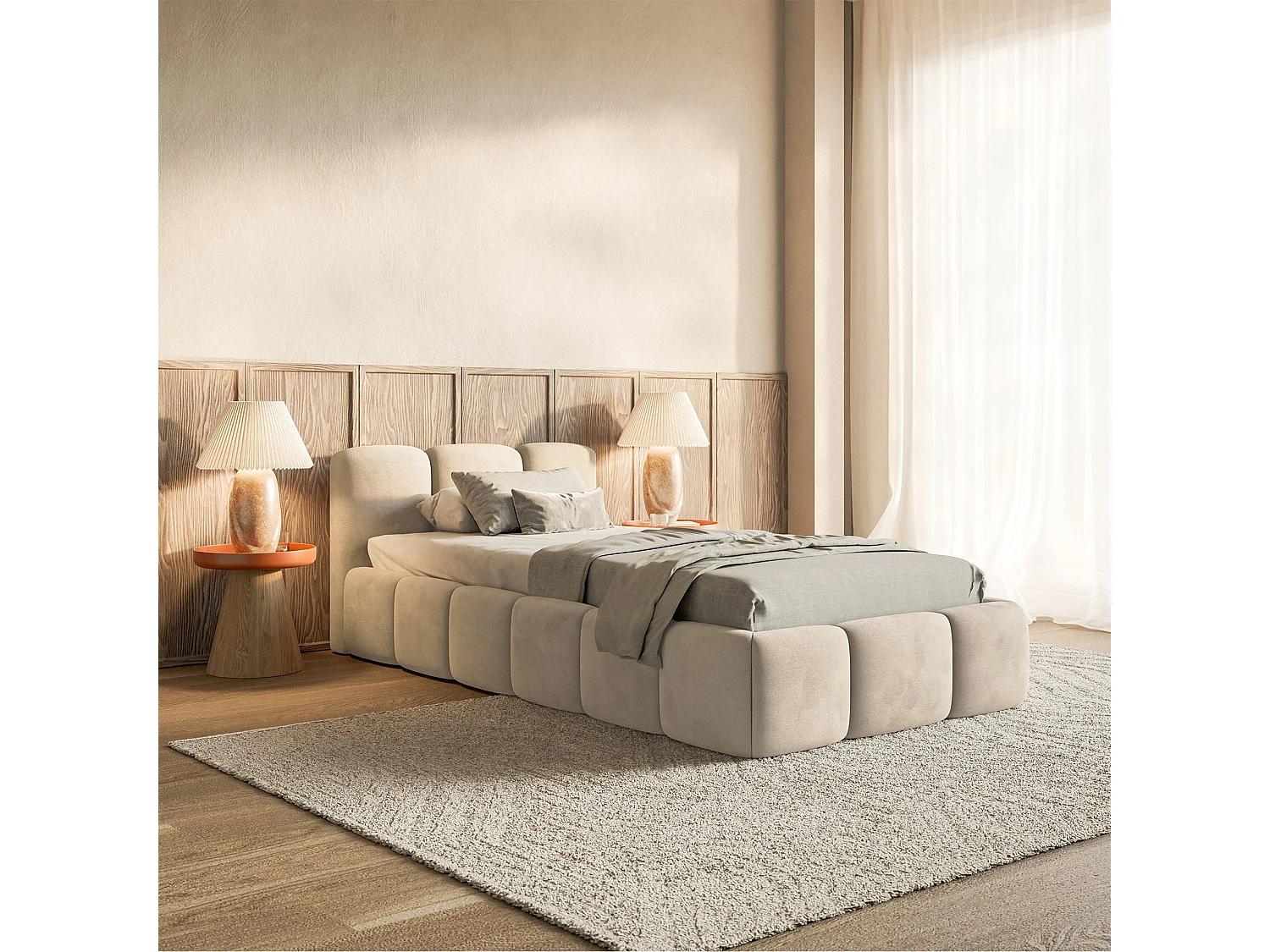 Gestoffeerd bed 90x200 cm – opbergruimte – Fluweel Lichtbeige – CLOUDY LOW