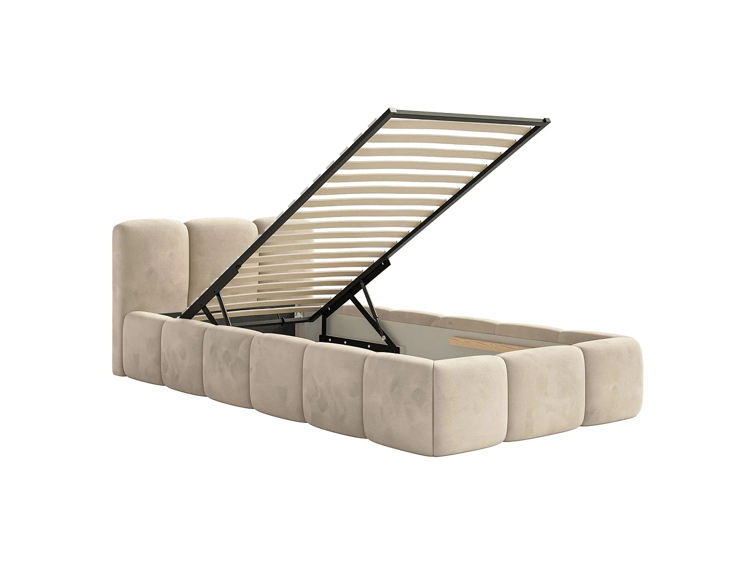 Gestoffeerd bed 90x200 cm – opbergruimte – Fluweel Lichtbeige – CLOUDY LOW