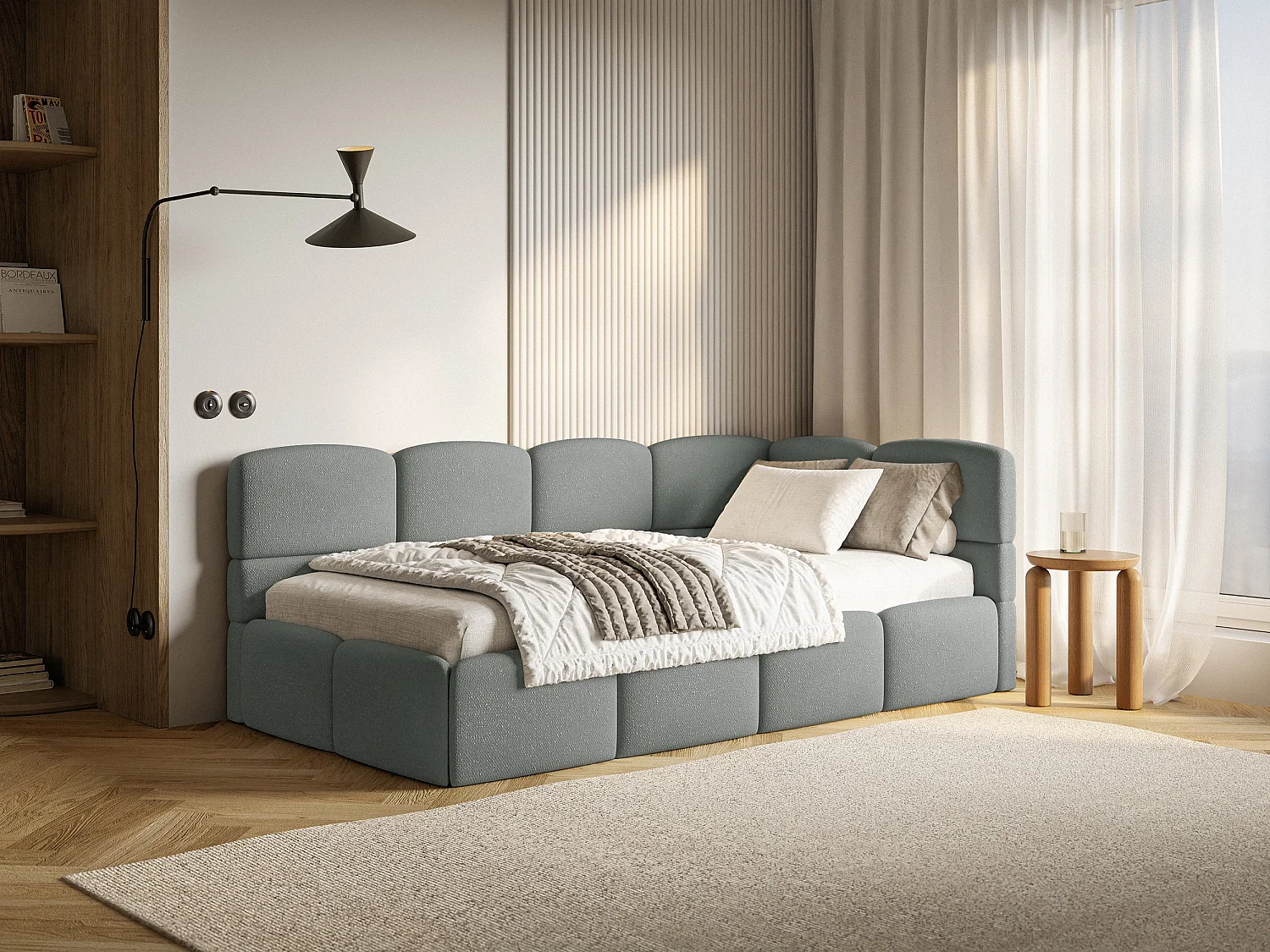 Tienerbed 120x200 – bouclé – donkergrijs – links – CLOUDY
