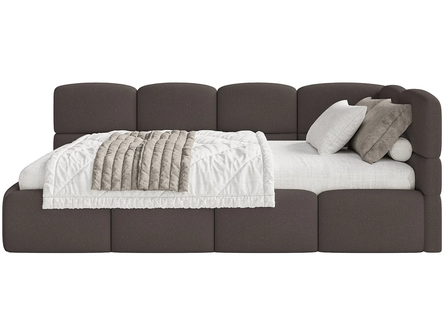 Tienerbed 120 cm – Opbergbak – Chenille – Hoofdbord rechts – Bruin – CLOUDY