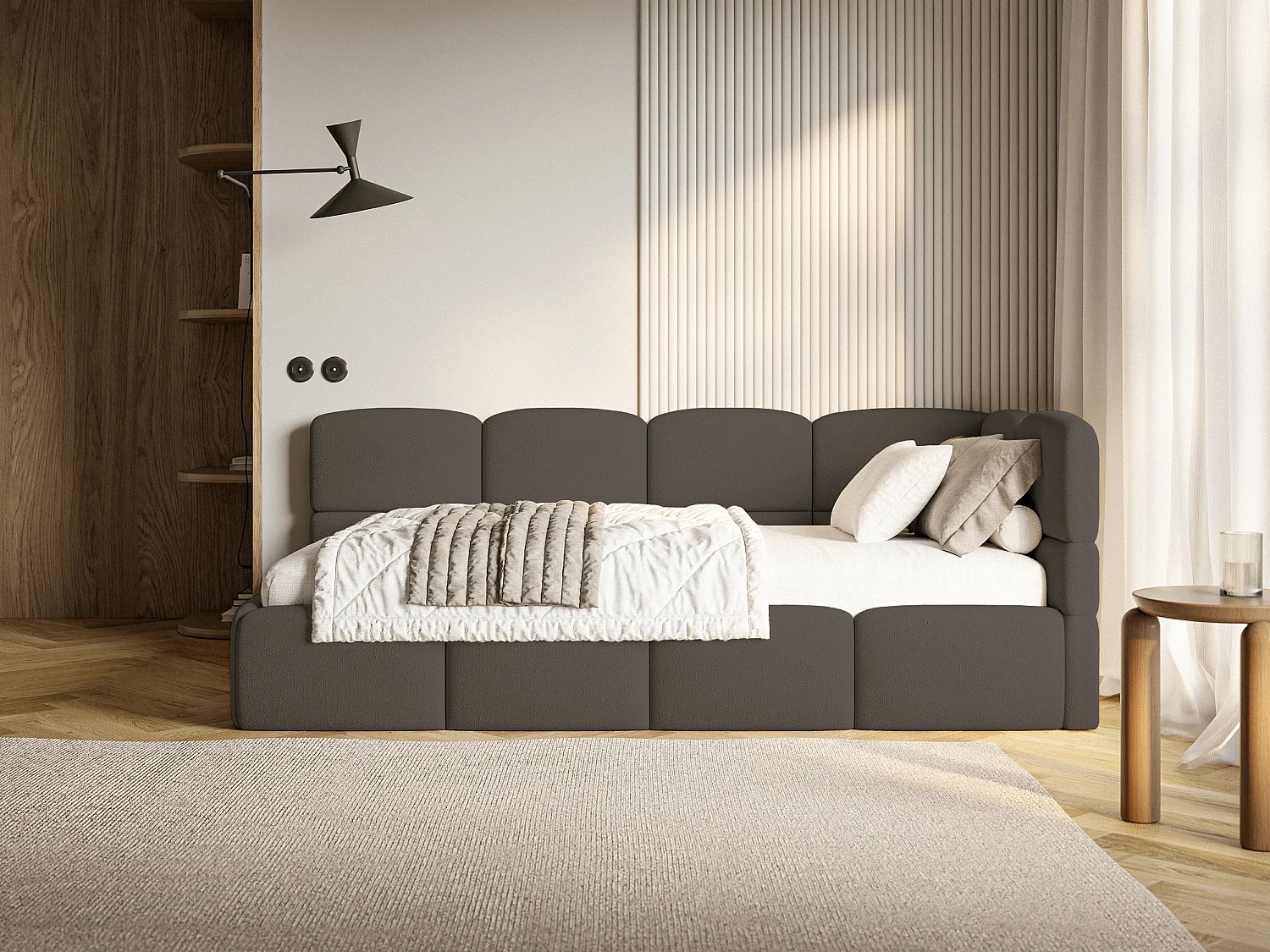 Tienerbed 120 cm – Opbergbak – Chenille – Hoofdbord rechts – Bruin – CLOUDY