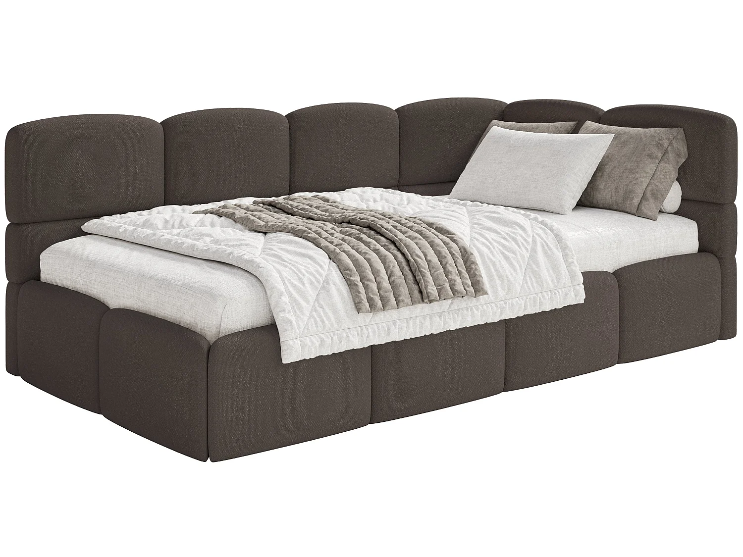 Tienerbed 120 cm – Opbergbak – Chenille – Hoofdbord rechts – Bruin – CLOUDY