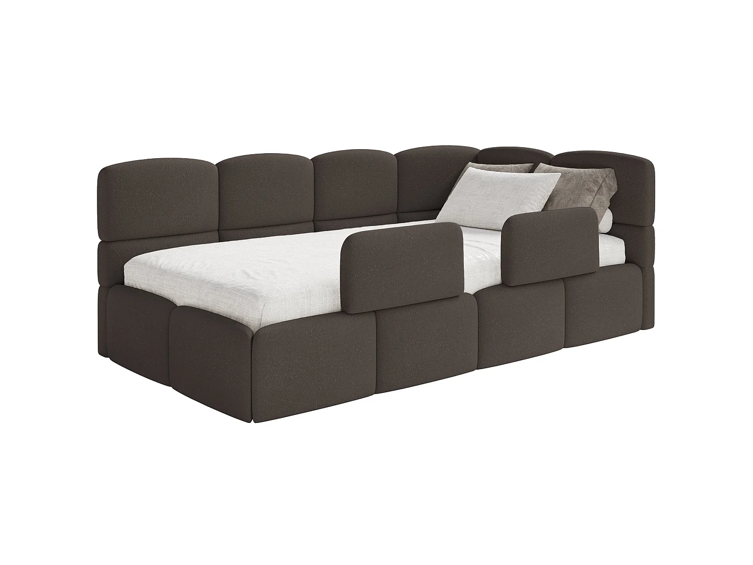Tienerbed 120 cm – Opbergbak – Chenille – Hoofdbord rechts – Bruin – CLOUDY