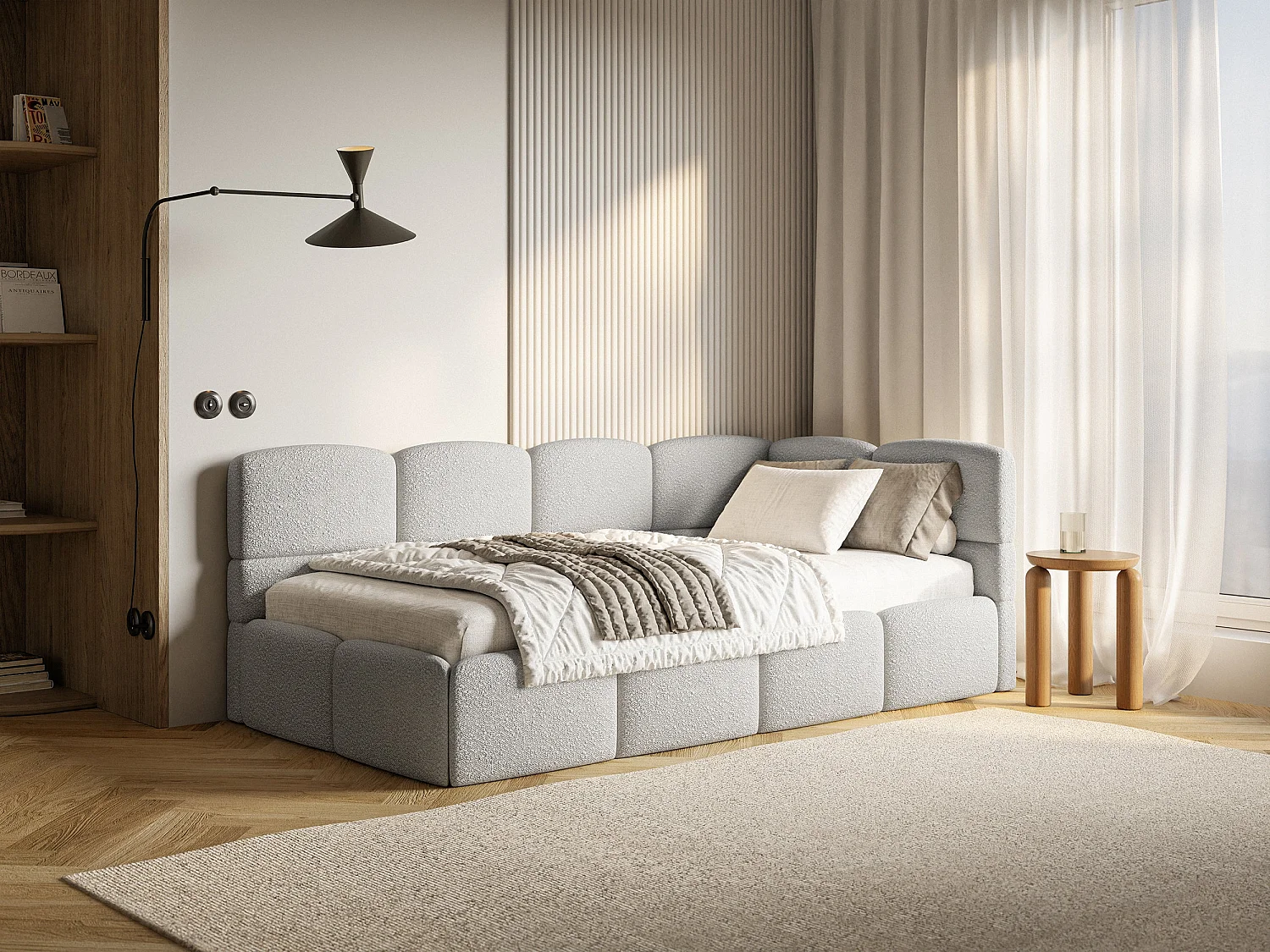 Lit enfant 120x200 cm – tête de lit à droite – matelas & coffre de rangement – bouclé gris clair – CLOUDY