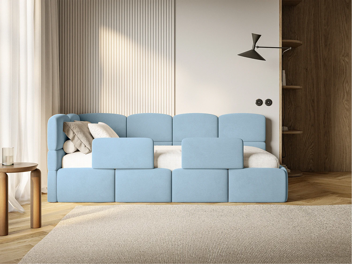 Lit enfant 120x200 cm – tête de lit à gauche – 2 barrières – velours bleu clair – CLOUDY