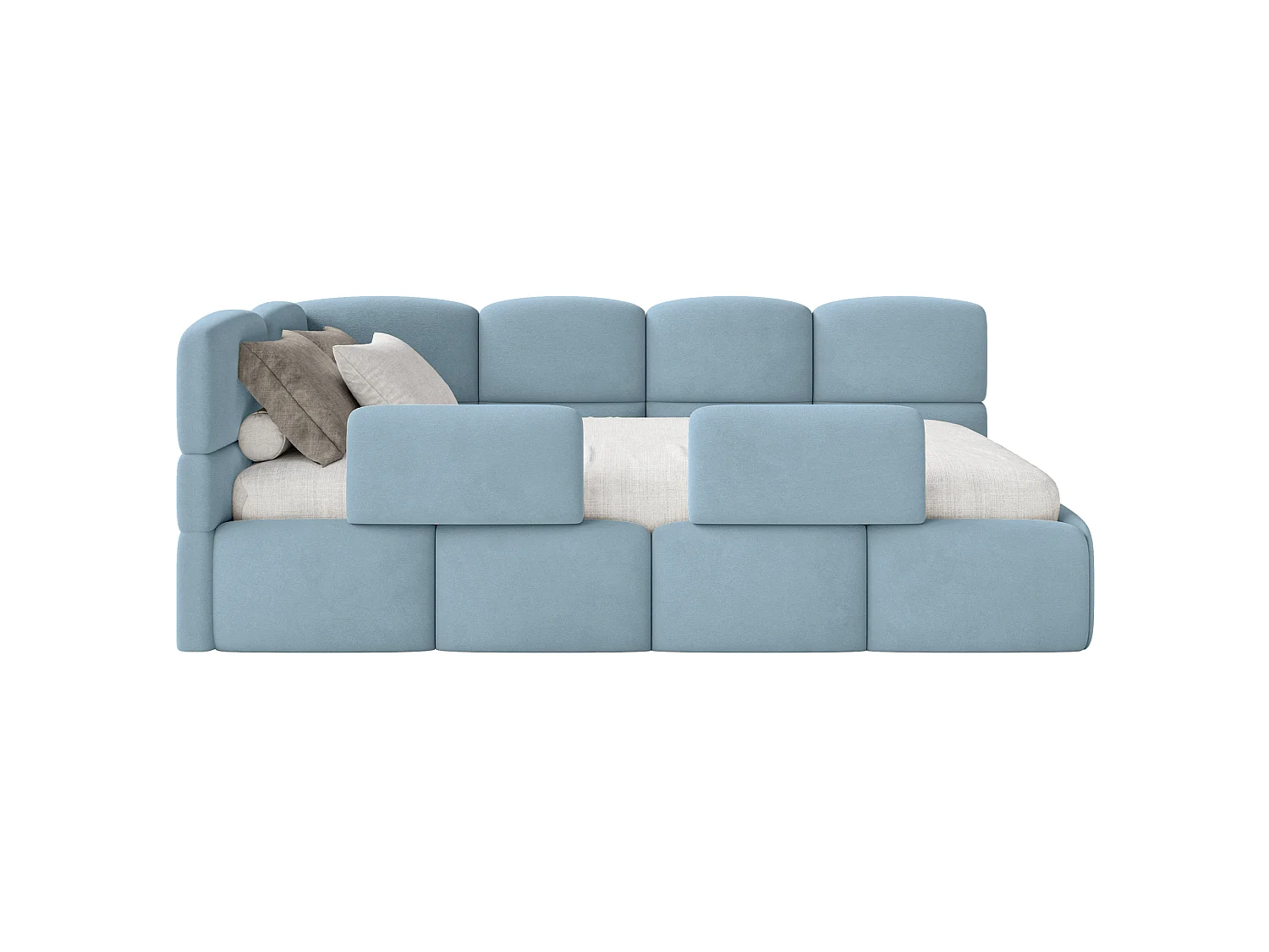 Lit enfant 120x200 cm – tête de lit à gauche – 2 barrières – velours bleu clair – CLOUDY