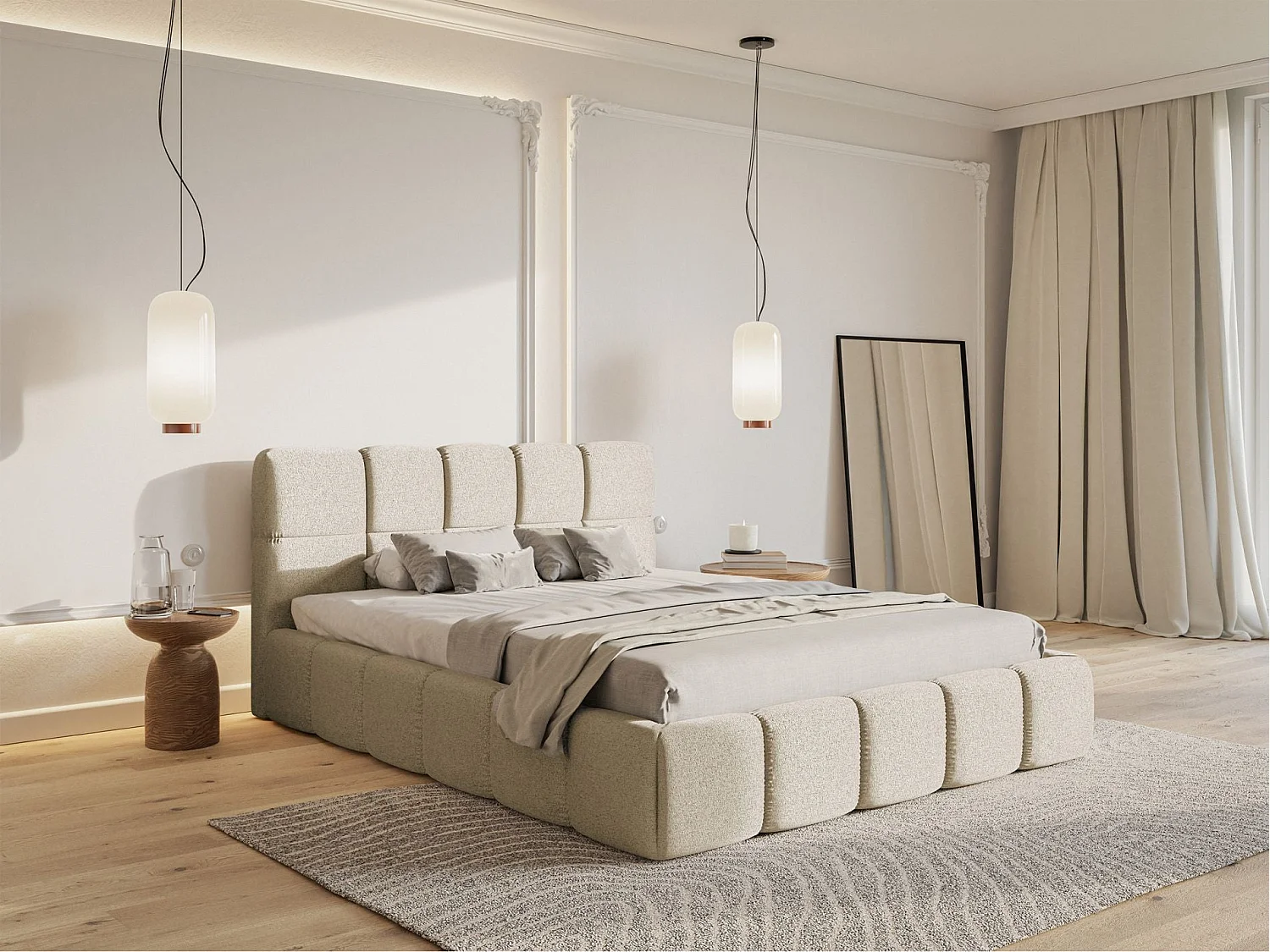 Lit rembourré 120x200 – avec coffre – Chenille Beige clair – Cloudy