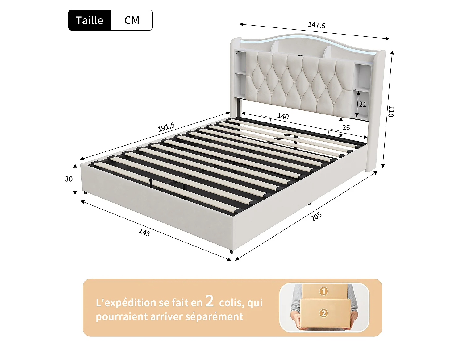 Lit Coffre 140x190 cm, Lit Double en Velours avec Éclairage LED, Prises USB/Type-C, Rangement Hydraulique, Lit adulte avec sommier à lattes, Beige