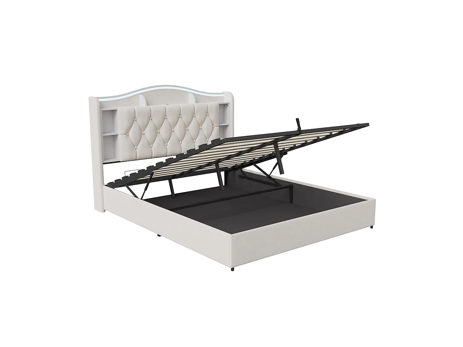 Lit Coffre 140x190 cm, Lit Double en Velours avec Éclairage LED, Prises USB/Type-C, Rangement Hydraulique, Lit adulte avec sommier à lattes, Beige