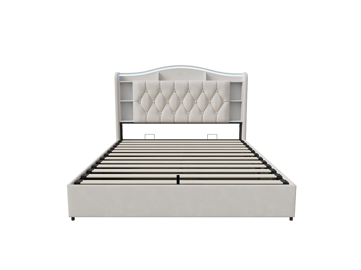 Lit Coffre 140x190 cm, Lit Double en Velours avec Éclairage LED, Prises USB/Type-C, Rangement Hydraulique, Lit adulte avec sommier à lattes, Beige
