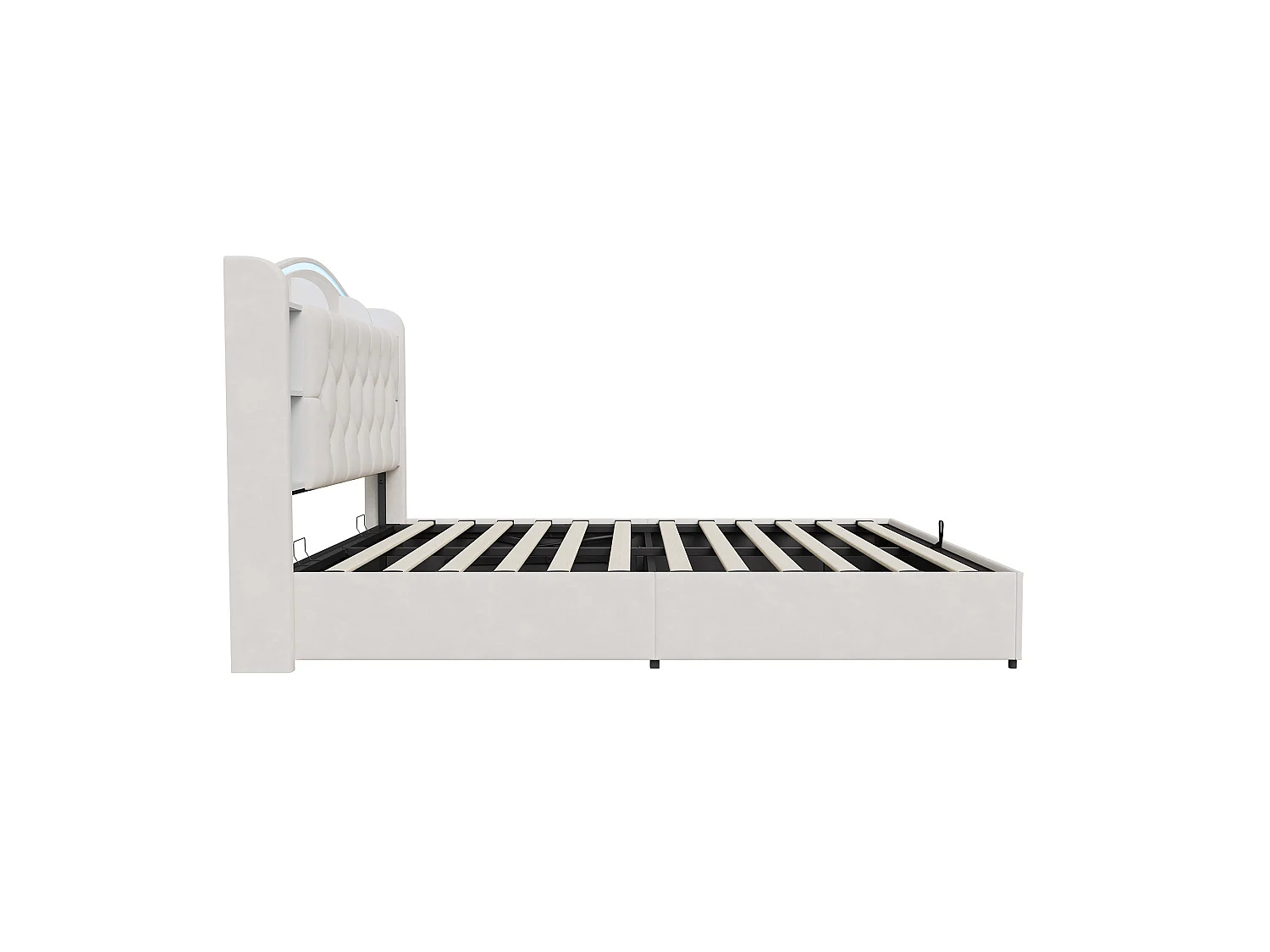 Lit Coffre 140x190 cm, Lit Double en Velours avec Éclairage LED, Prises USB/Type-C, Rangement Hydraulique, Lit adulte avec sommier à lattes, Beige