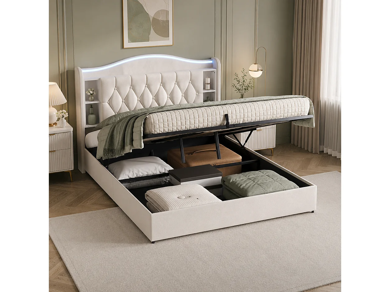 Lit Coffre 140x190 cm, Lit Double en Velours avec Éclairage LED, Prises USB/Type-C, Rangement Hydraulique, Lit adulte avec sommier à lattes, Beige