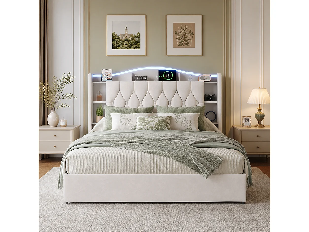 Lit Coffre 140x190 cm, Lit Double en Velours avec Éclairage LED, Prises USB/Type-C, Rangement Hydraulique, Lit adulte avec sommier à lattes, Beige
