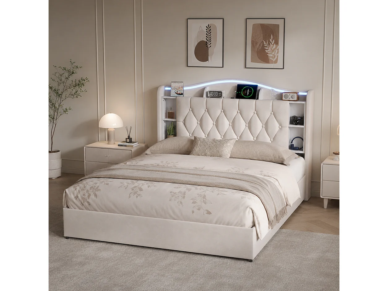 Lit Coffre 140x190 cm, Lit Double en Velours avec Éclairage LED, Prises USB/Type-C, Rangement Hydraulique, Lit adulte avec sommier à lattes, Beige