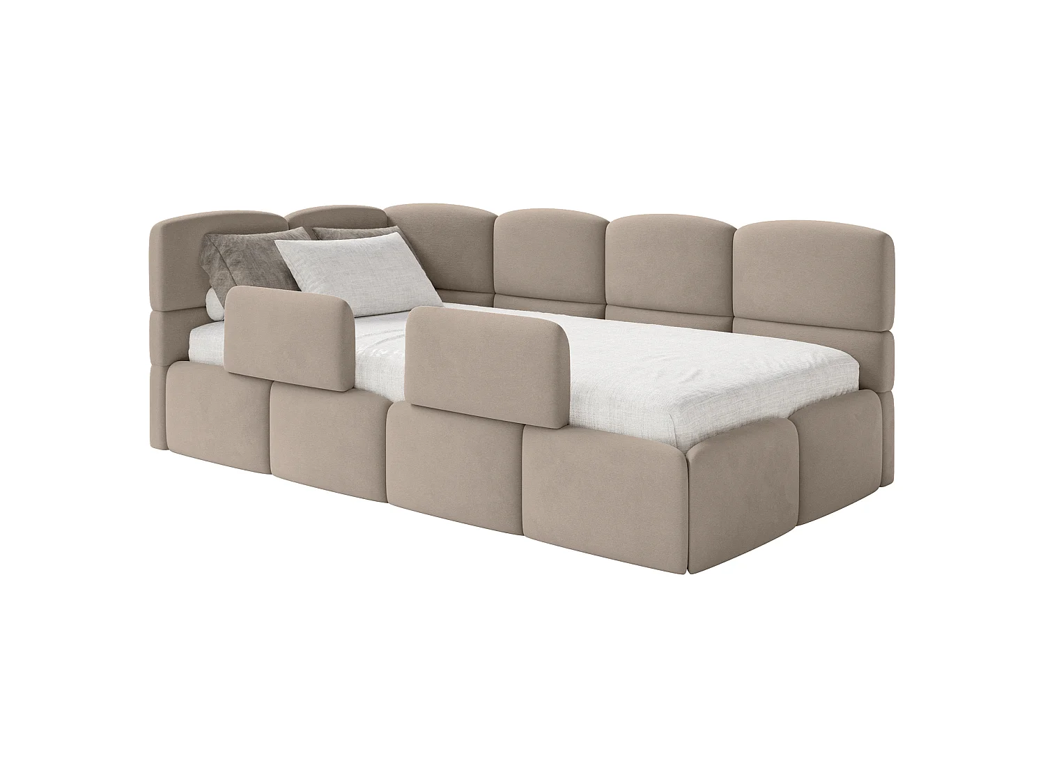 Kinderbett 90x200 – Rausfallschutz – Kopfteil links – Samt Beige – CLOUDY