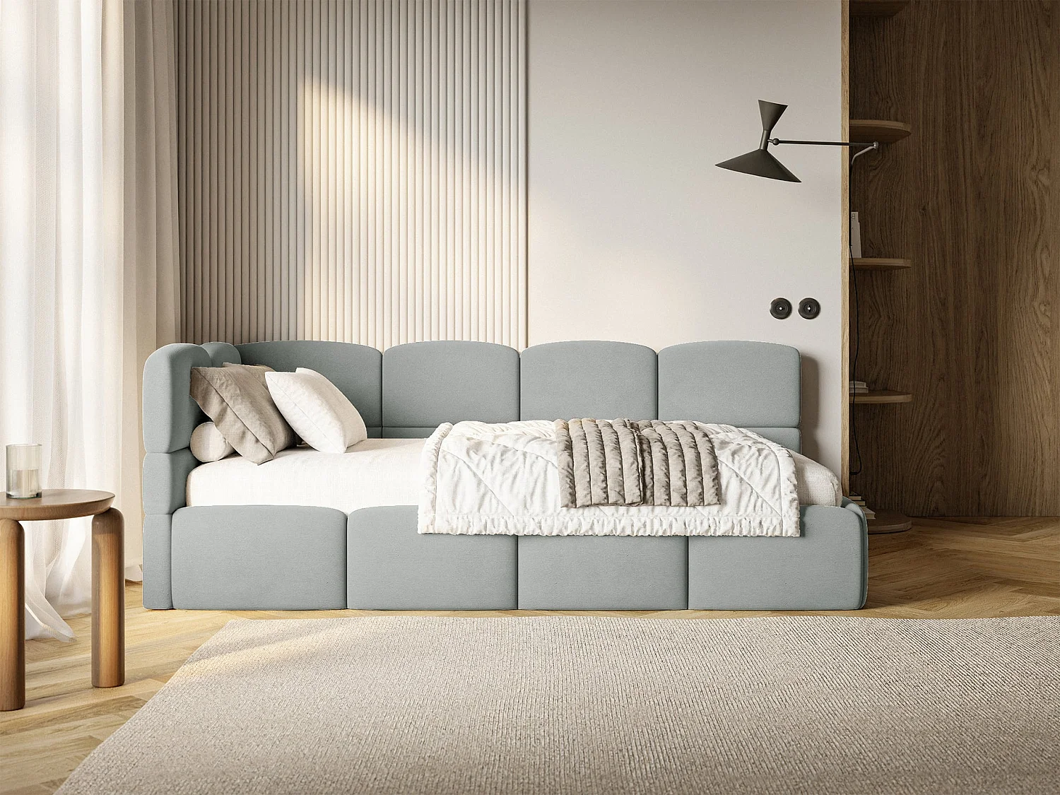 Lit ado 90x200 avec matelas – tête de lit à gauche – velours Gris – CLOUDY