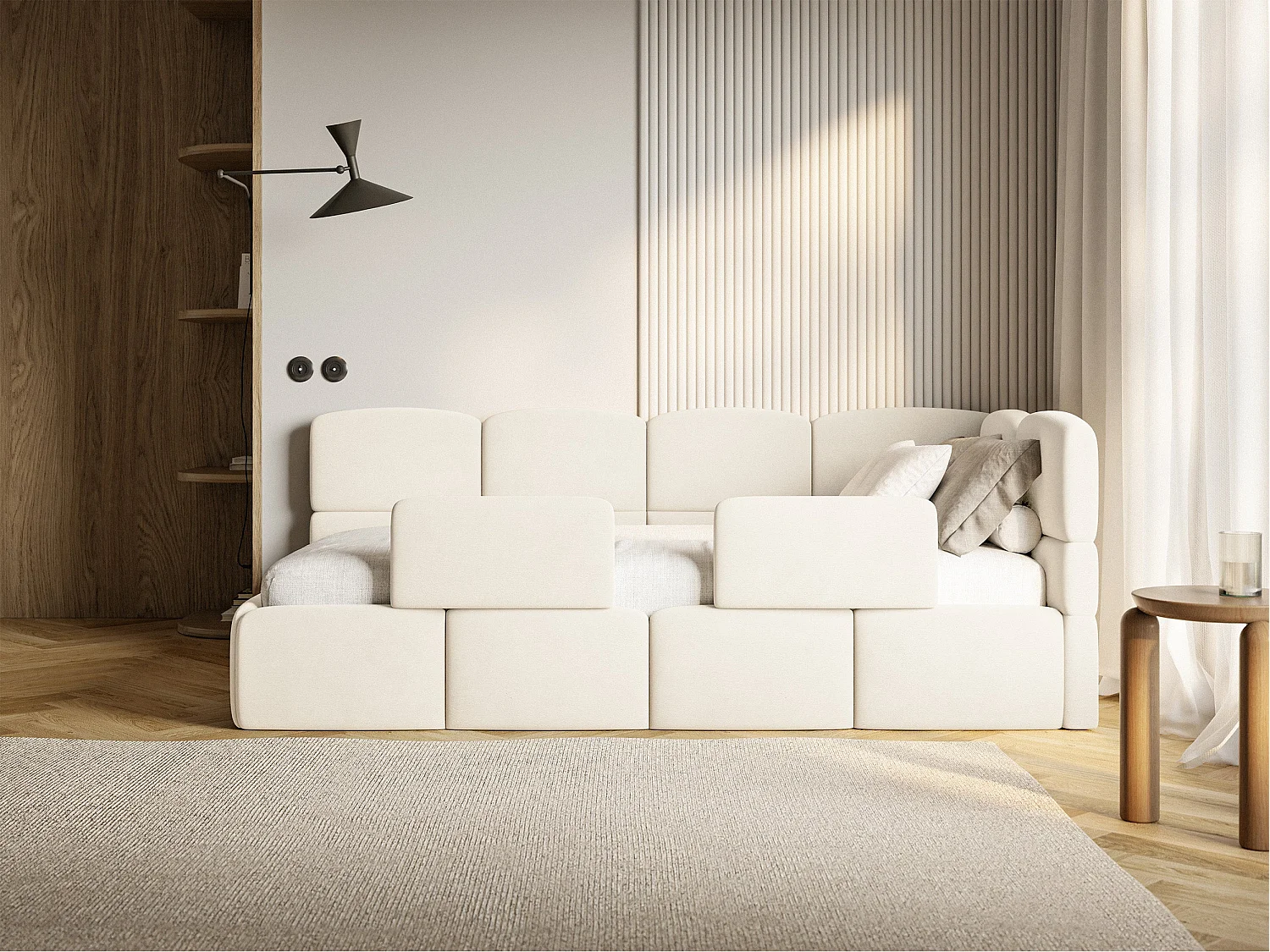 Lit enfant 120x200 cm – tête de lit à droite – matelas & coffre de rangement – velours crème – CLOUDY