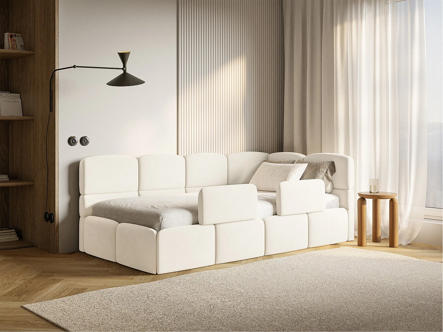 Lit enfant 120x200 cm – tête de lit à droite – matelas & coffre de rangement – velours crème – CLOUDY