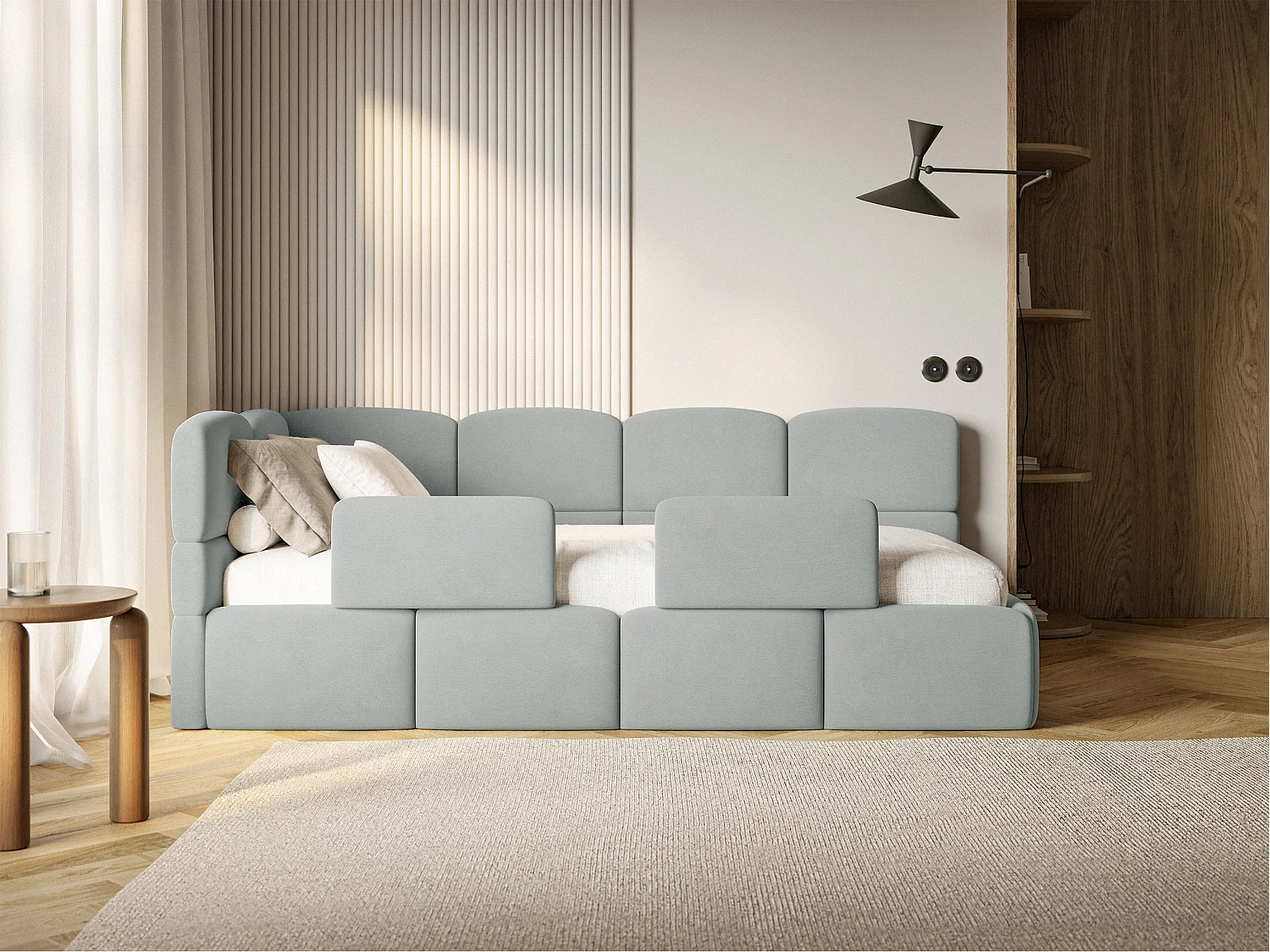 Lit enfant 90x200 – barrière – tête de lit à gauche – velours Gris – CLOUDY