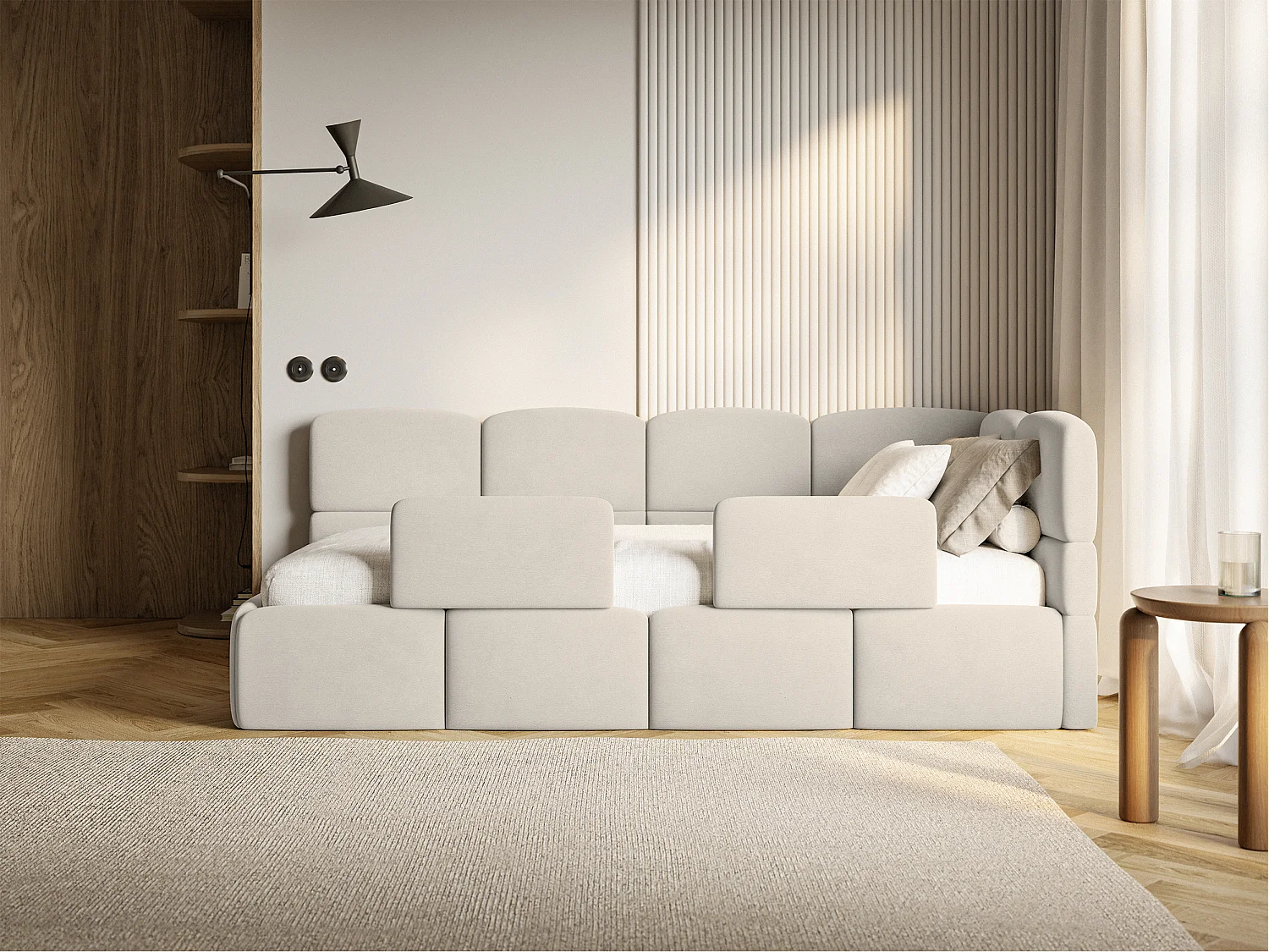 Lit enfant 90x200 – avec matelas & barrière – tête de lit à droite – velours Beige clair – CLOUDY