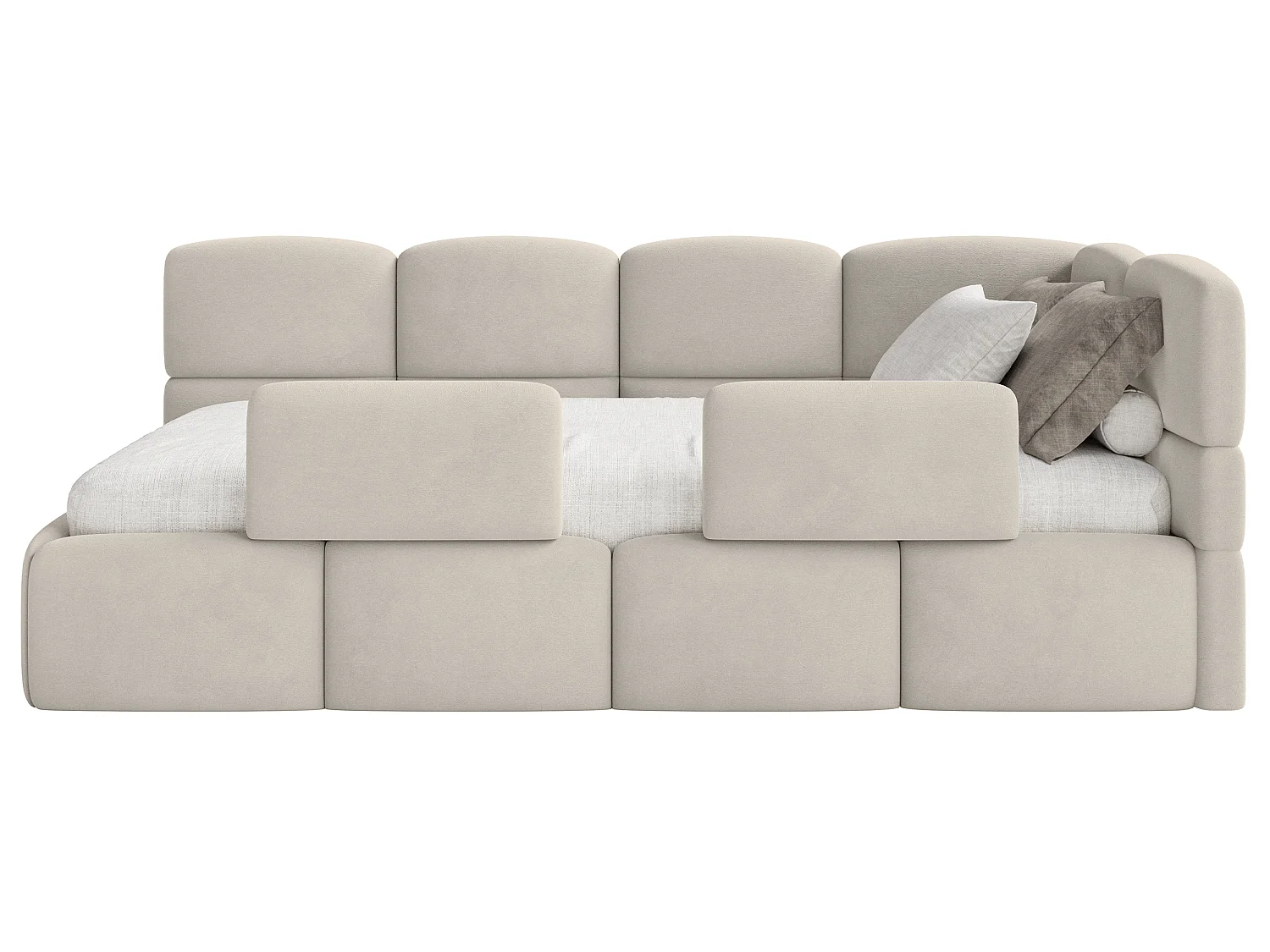 Lit enfant 90x200 – avec matelas & barrière – tête de lit à droite – velours Beige clair – CLOUDY