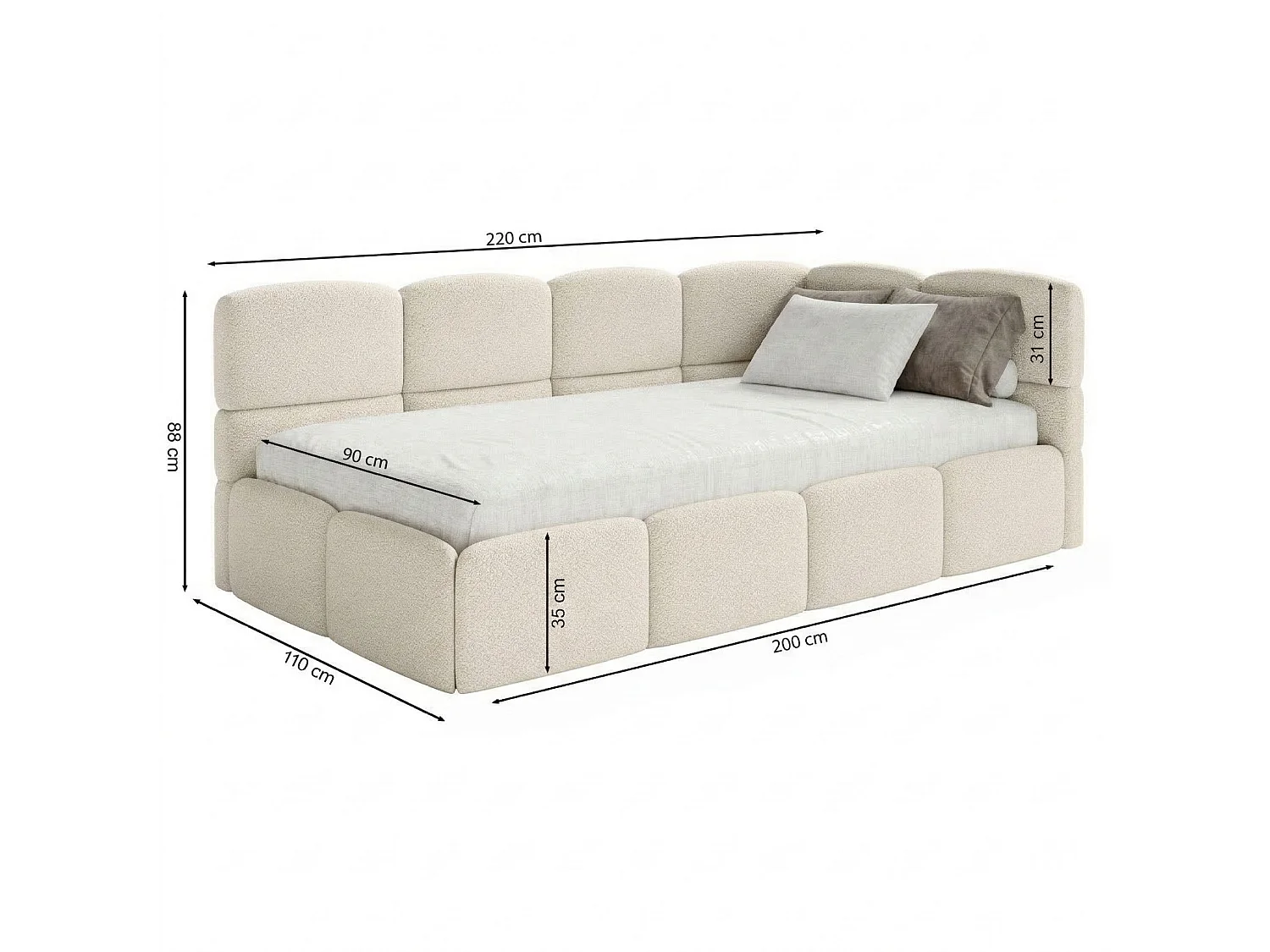 Lit ado 90x200 – tête de lit à droite – velours Crème – CLOUDY