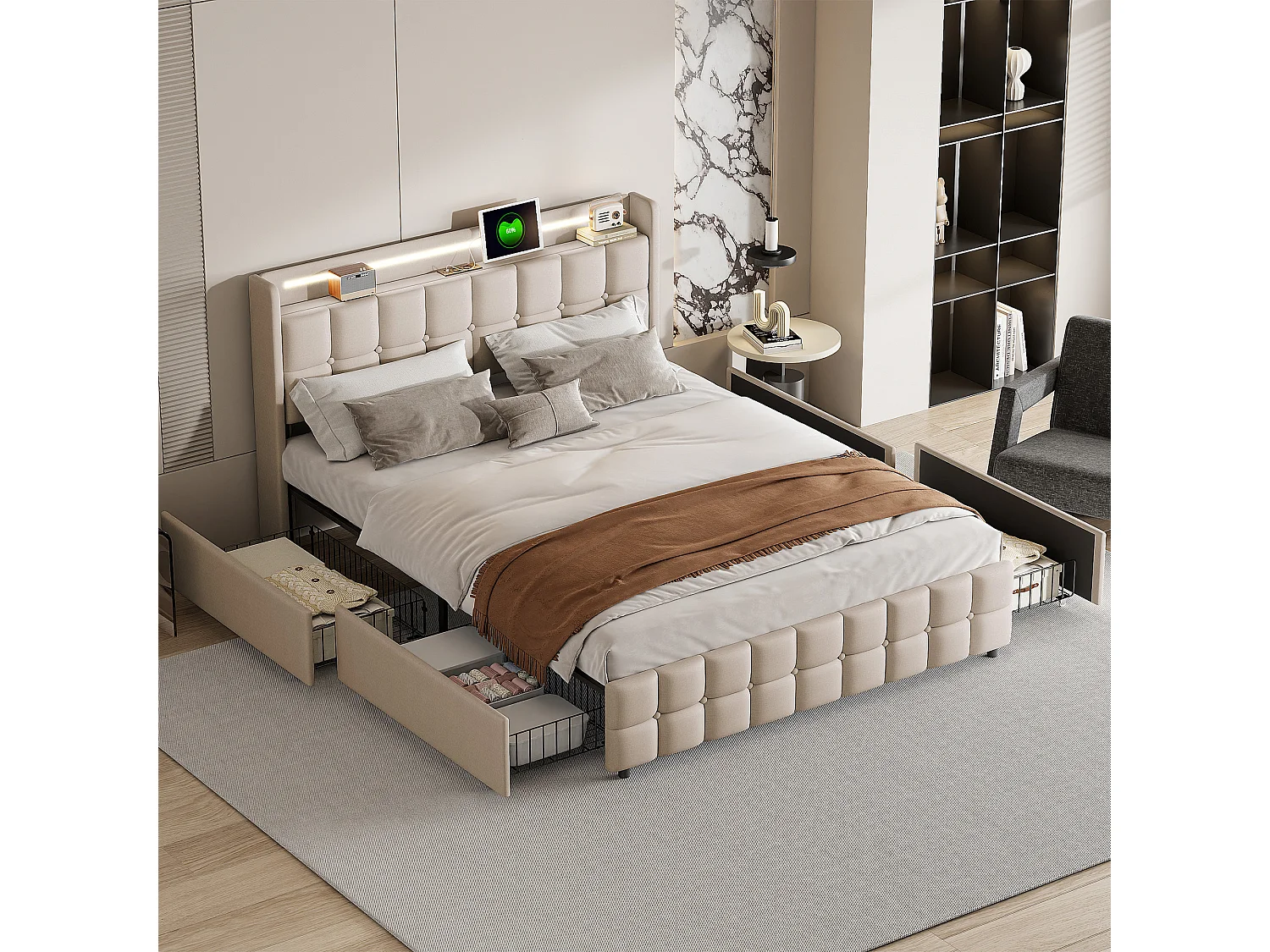 Lit avec tiroirs 160 x 200 cm - avec LED et port de recharge - Lit adulte 160×200cm - Sommier - Tissu lin - Beige