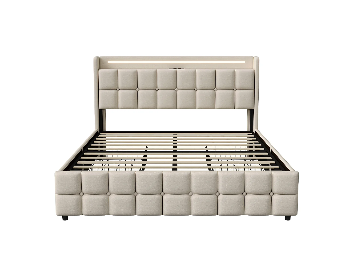 Lit avec tiroirs 160 x 200 cm - avec LED et port de recharge - Lit adulte 160×200cm - Sommier - Tissu lin - Beige