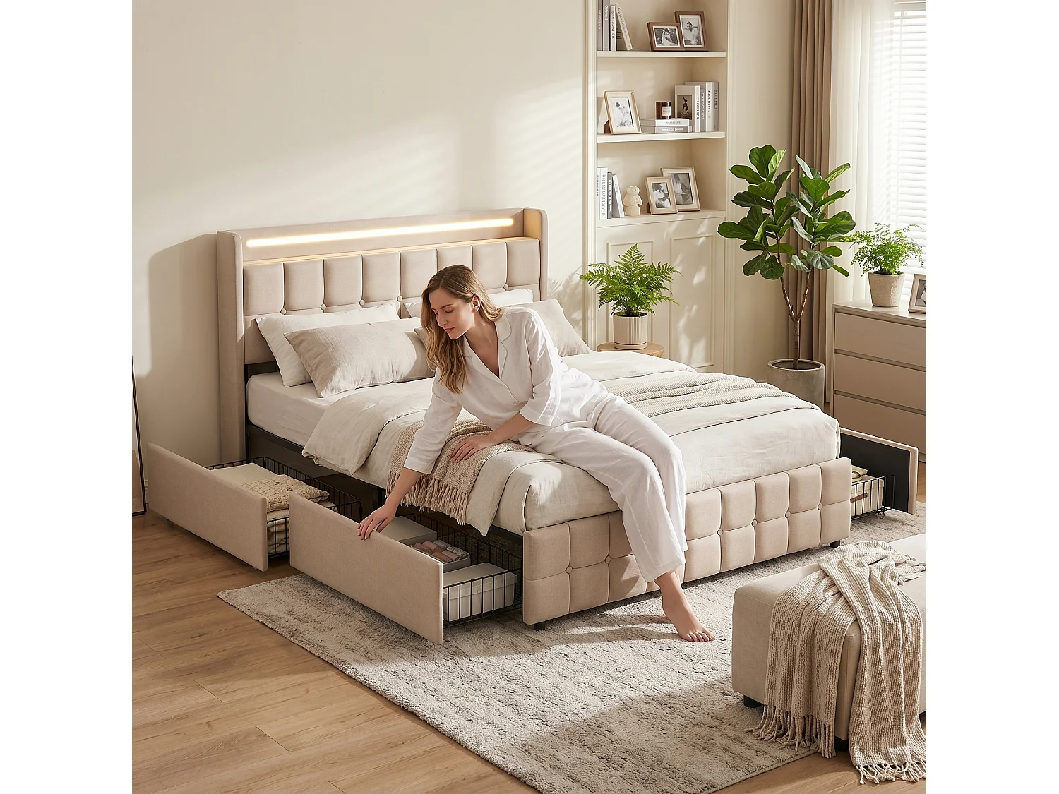 Lit avec tiroirs 160 x 200 cm - avec LED et port de recharge - Lit adulte 160×200cm - Sommier - Tissu lin - Beige