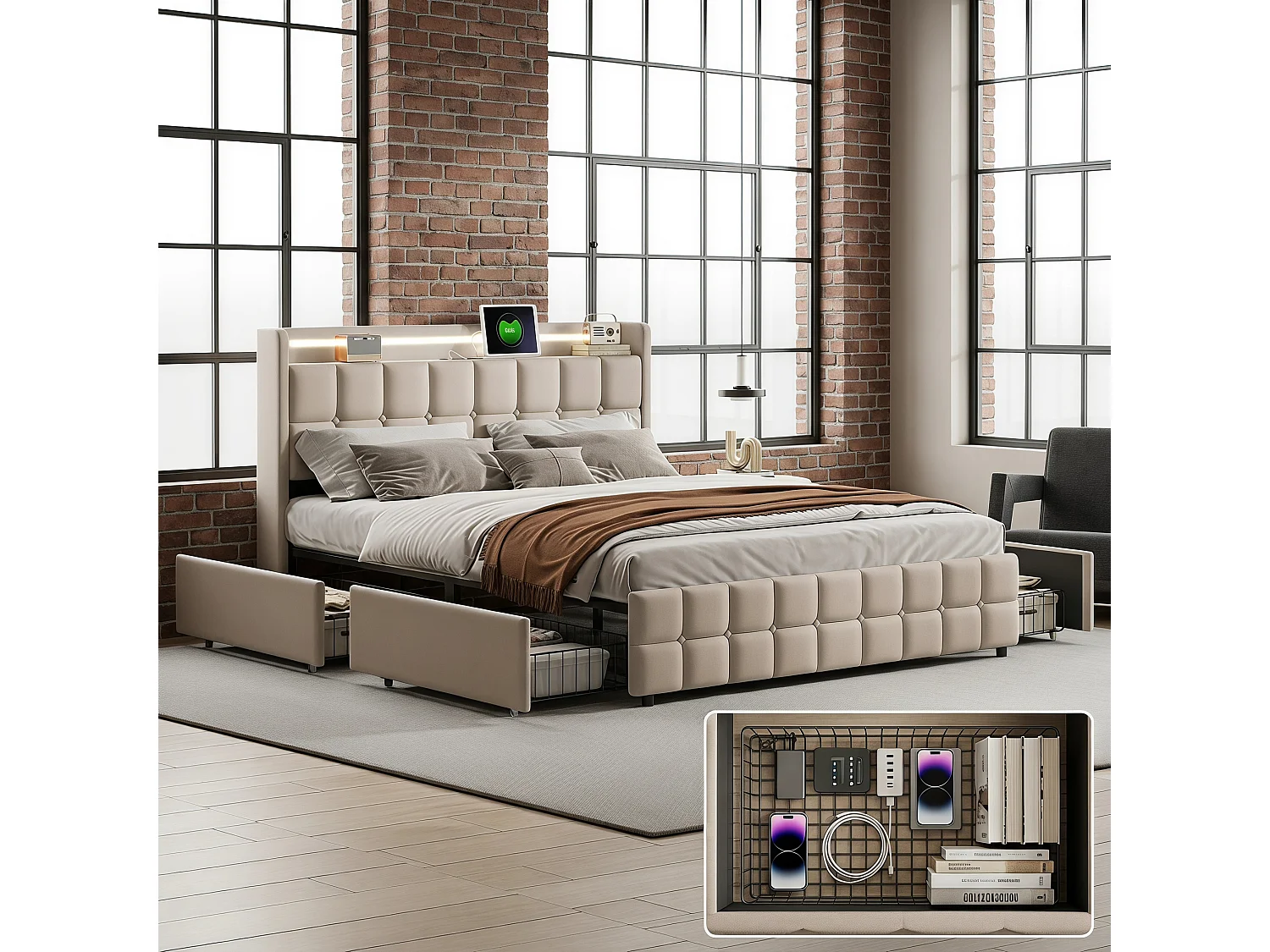 Lit avec tiroirs 160 x 200 cm - avec LED et port de recharge - Lit adulte 160×200cm - Sommier - Tissu lin - Beige