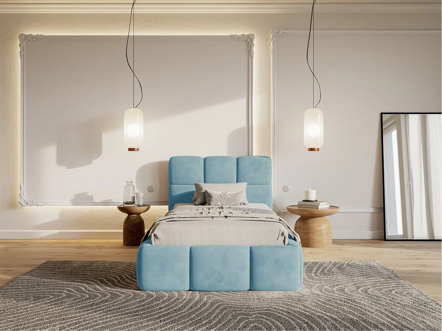 Lit rembourré 90x200 – avec coffre – Velours Bleu clair – CLOUDY