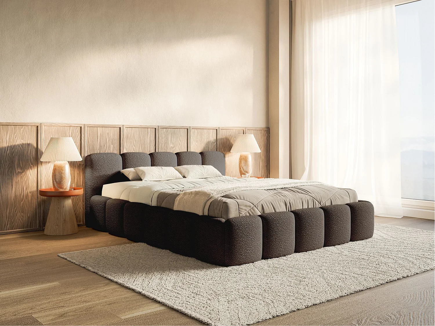 Lit rembourré 120x200 – avec coffre – Bouclé Brun – CLOUDY LOW