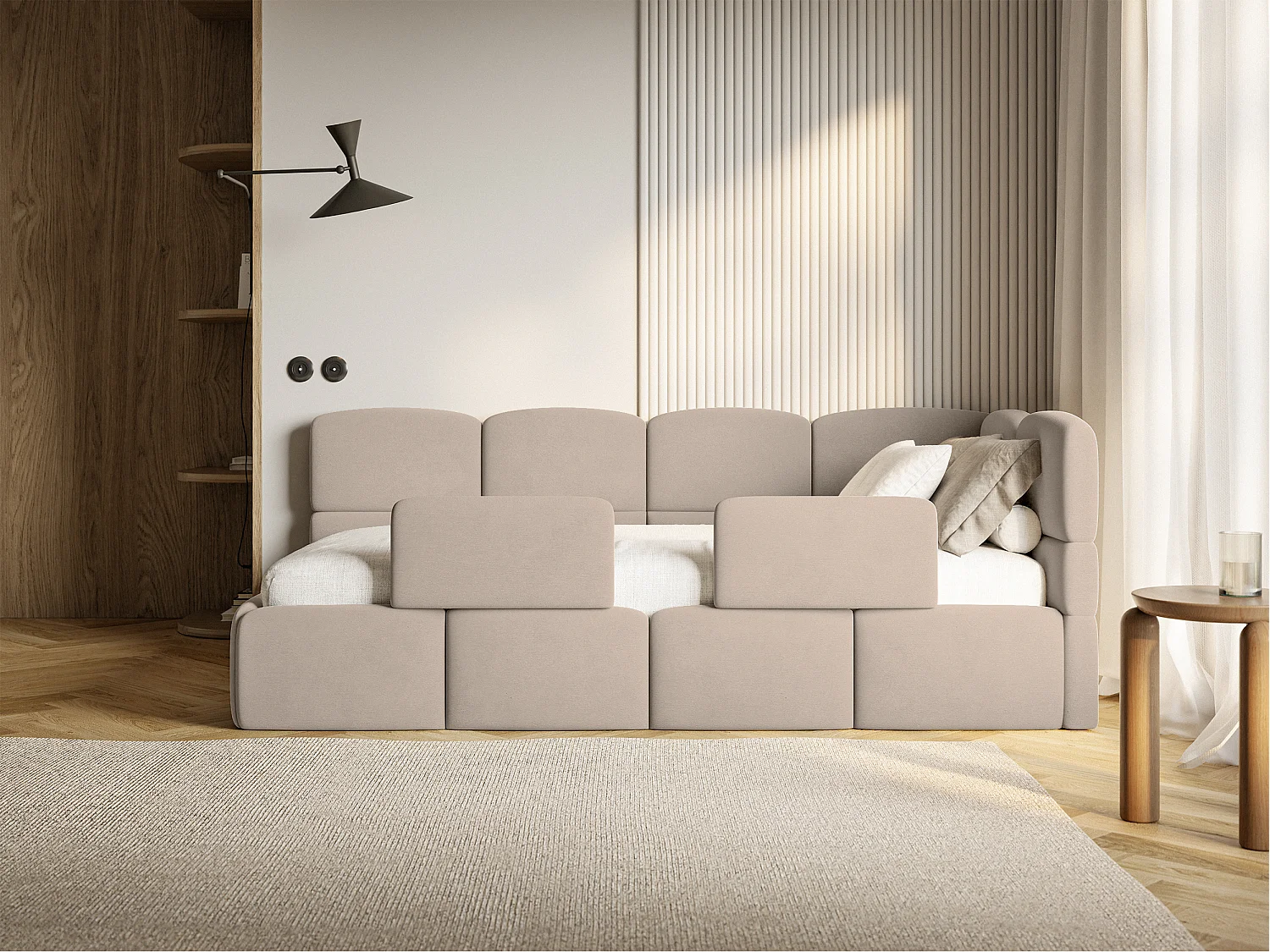 Lit enfant 120x200 cm – tête de lit à droite – 2 barrières – velours beige – CLOUDY