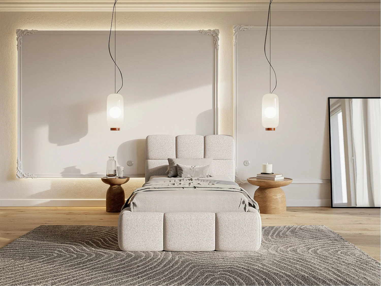 Lit rembourré 90x200 – Chenille Beige clair – CLOUDY