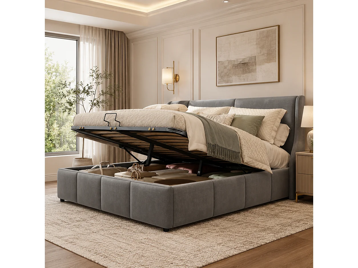 Lit adulte 140x190 cm, Cadre de lit Double avec rembourré avec sommier à Lattes, avec tête de lit et Fonction de Rangement hydraulique, Gris