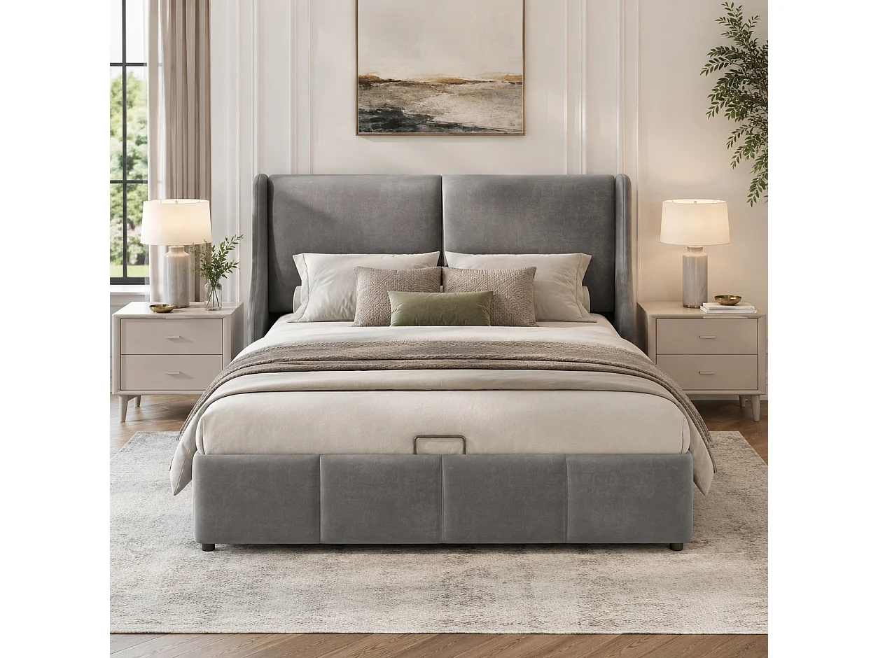 Lit adulte 140x190 cm, Cadre de lit Double avec rembourré avec sommier à Lattes, avec tête de lit et Fonction de Rangement hydraulique, Gris