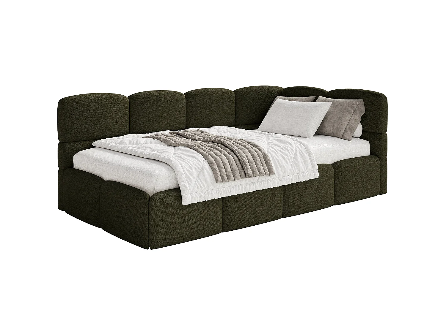Lit ado 120x200 cm – tête de lit à droite – bouclé vert olive – CLOUDY