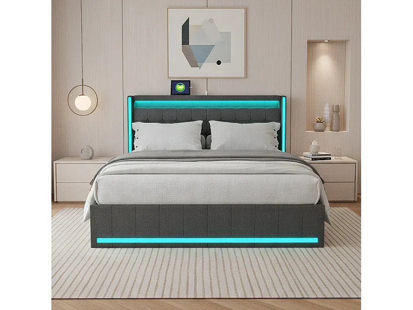 Lit Coffre 160x200 avec Tiroirs de Rangement, Lit double avec LED et USB, Lit rembourré avec sommier à Lattes et tête de lit, Linen, Gris foncé