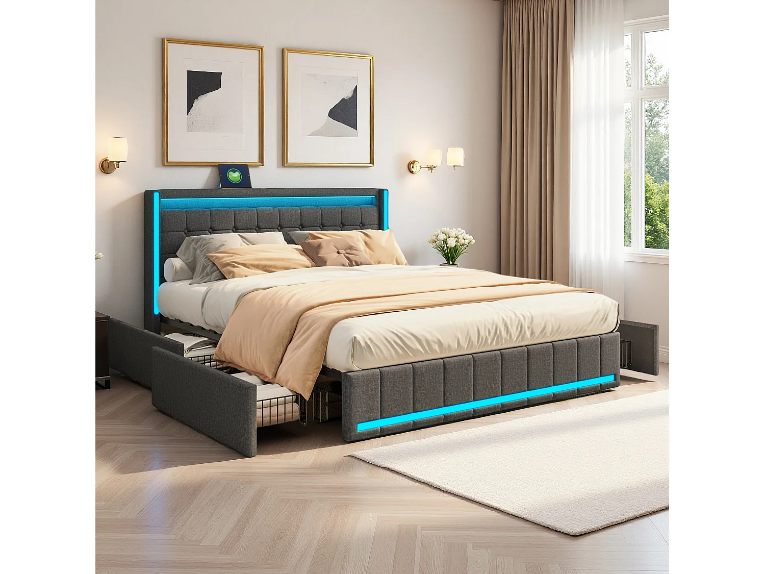 Lit Coffre 160x200 avec Tiroirs de Rangement, Lit double avec LED et USB, Lit rembourré avec sommier à Lattes et tête de lit, Linen, Gris foncé