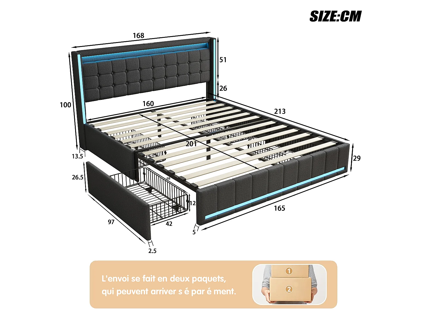 Lit Coffre 160x200 avec Tiroirs de Rangement, Lit double avec LED et USB, Lit rembourré avec sommier à Lattes et tête de lit, Linen, Gris foncé