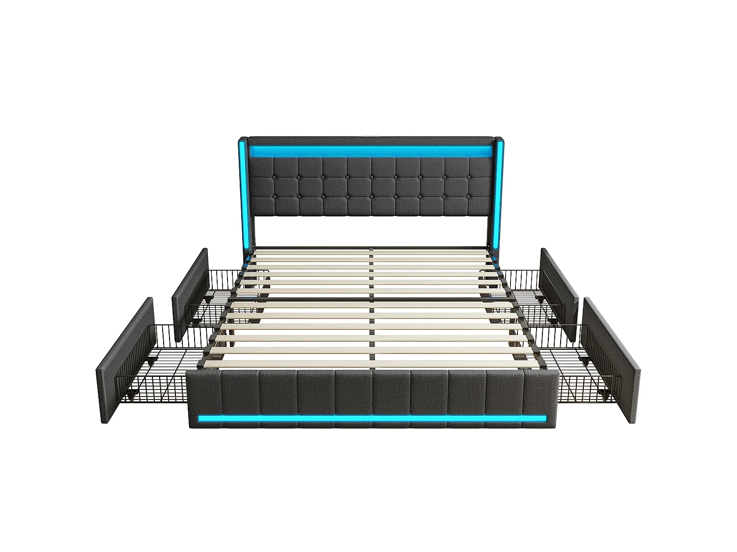 Lit Coffre 160x200 avec Tiroirs de Rangement, Lit double avec LED et USB, Lit rembourré avec sommier à Lattes et tête de lit, Linen, Gris foncé